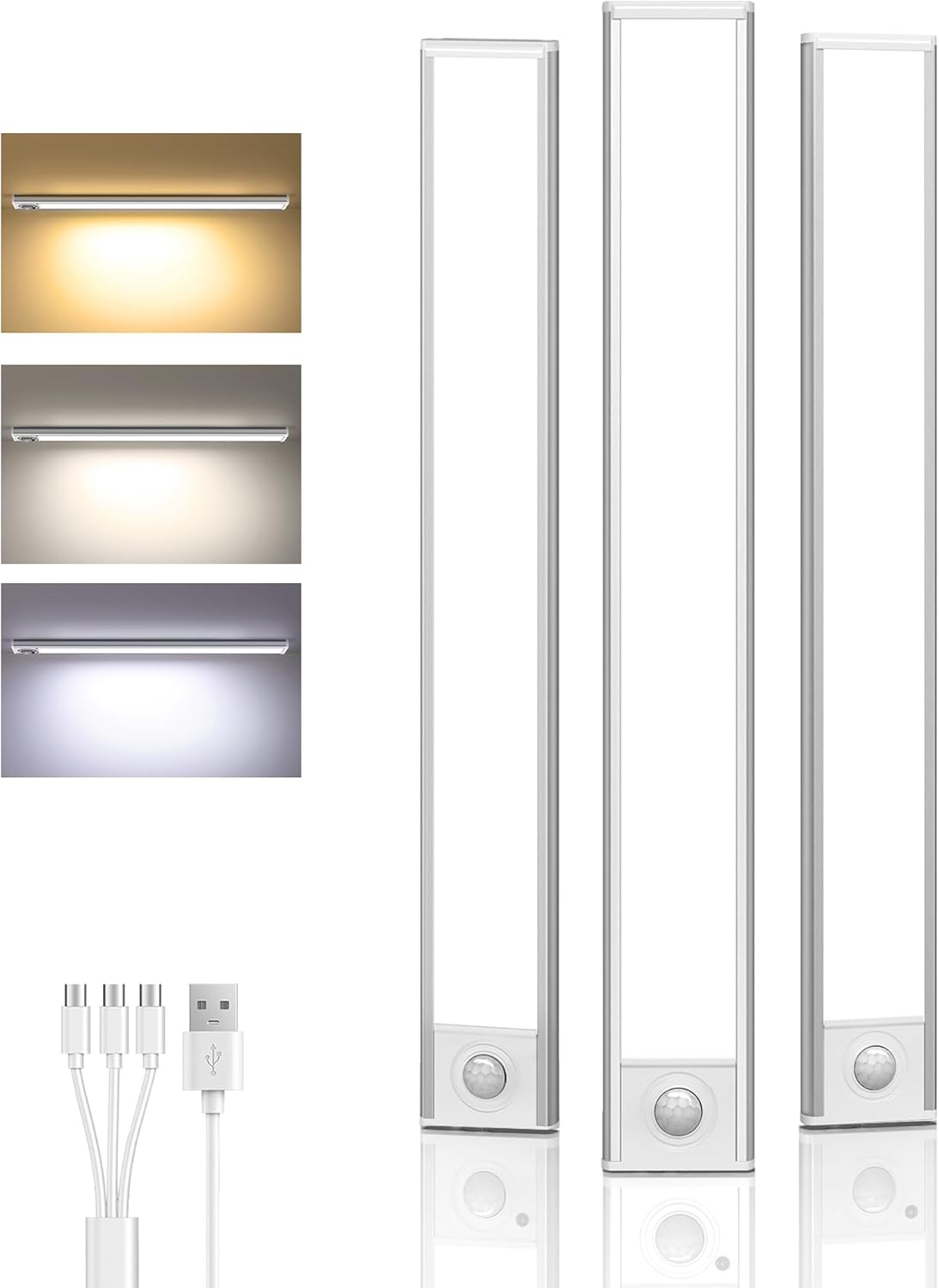Under Cabinet Lighting Wireless,Rechargeable Battery Motion Sensor Light Indoor,LED Closet Lights USB Charging,3 Color Dimmable Under Cabinet Lights for Kitchen (3 Pcs) 7inch