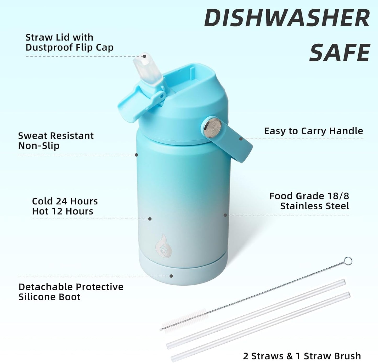 BJPKPK Insulated Water Bottle with Straw Lid, 12oz Thermo Water Bottles, Flex Handle & Non-slip Boot, BPA Free Leak Proof Stainless Steel Metal Thermo, Tumblers, Cups, Sea Salt