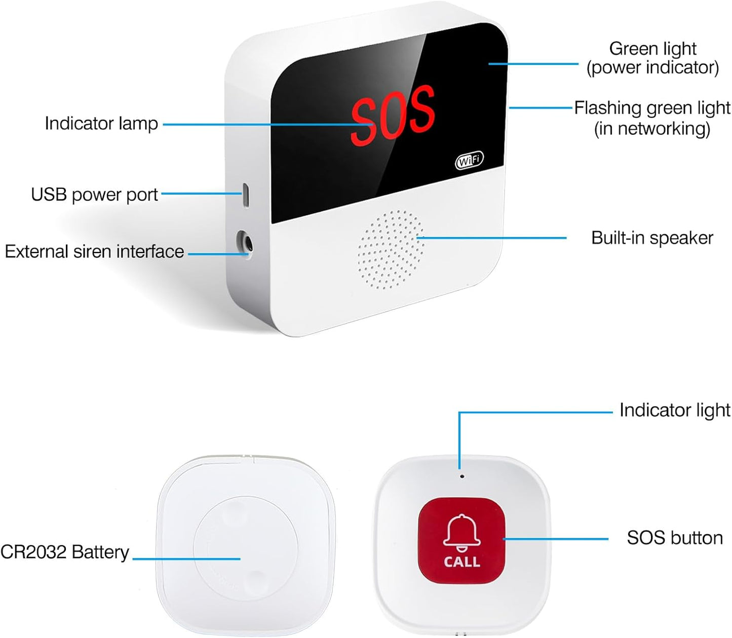 WiFi Elderly Monitoring, Caregiver Pagers Life Alert Systems for Seniors no Monthly Fee, 1 Receiver & 2 Panic Button, Compatible with Tuya Smart/Smart Life APP (Only Supports Wi-Fi 2.4GHz )