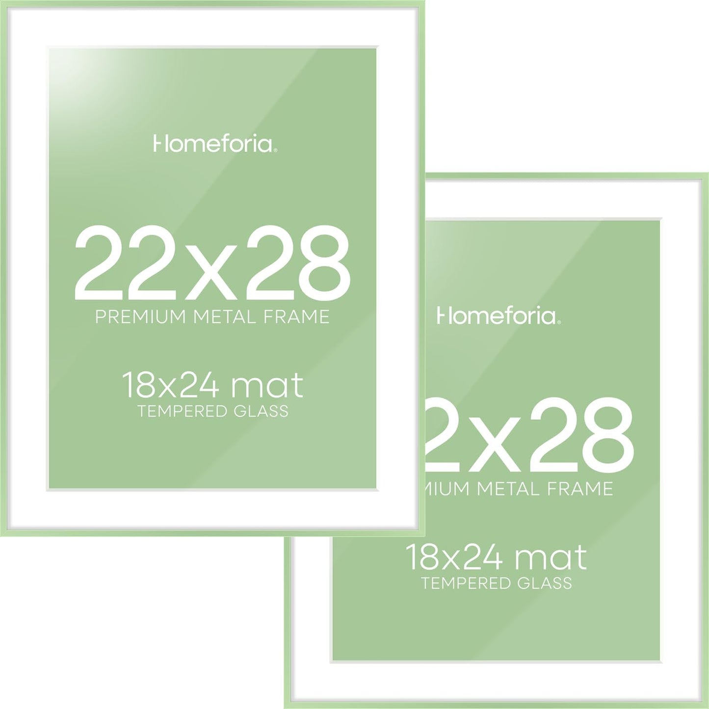 Homeforia 22x28 Sage Green Picture Frame, High End Metal 22x28 Poster Frames with Mat 18x24 inch Photo, 22 x 28 Thin Frame Matted to 18 x 24 Art, 28x22 Large Frames, Tempered Glass, Wall Kit, Set of 2