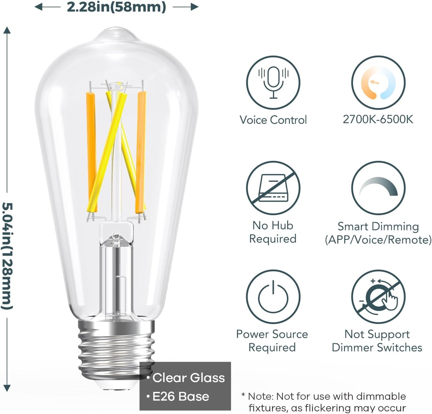 Linkind Smart Edison Bulbs, 2700K-6500K Tunable WiFi Edison Bulbs with Remote Control, 8W 60W Equivalent Dimmable ST19(ST58) Vintage Light Bulbs 800lm, Compatible with Alexa & Google Home, 6-Pack