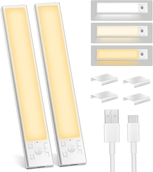 Under Cabinet Lights 2 Pack 8 inch Rechargeable Battery Operated Motion Sensor Light Indoor USB Charging Closet Lights Battery Operated with 3 Color Temps for Kitchen, Stairs, Home