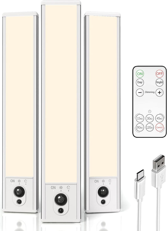 EZVALO 3 Pack Under Cabinet Lighting, Rechargeable Motion Sensor Light, LED Closet Lights Wireless, 3500K Dimmable, Timer, Magnetic, with Remote Control for Kitchen, Closet, Stair
