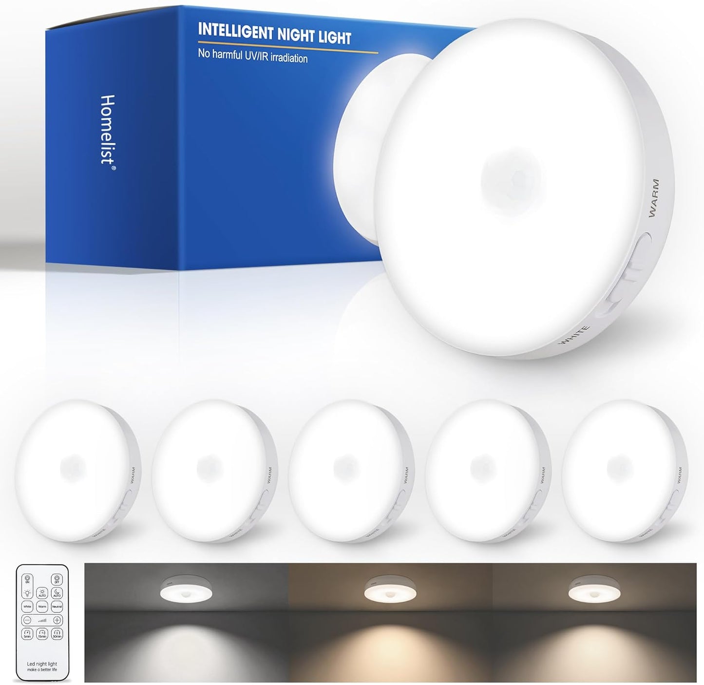 Homelist Upgraded Ultra Bright Motion Sensor Lights Indoor Rechargeable, 6 Pack Puck Light with Remote, 1500mAh Battery Operated Sensor Night Light for Stairs, Cabinet, Bedside, Closet