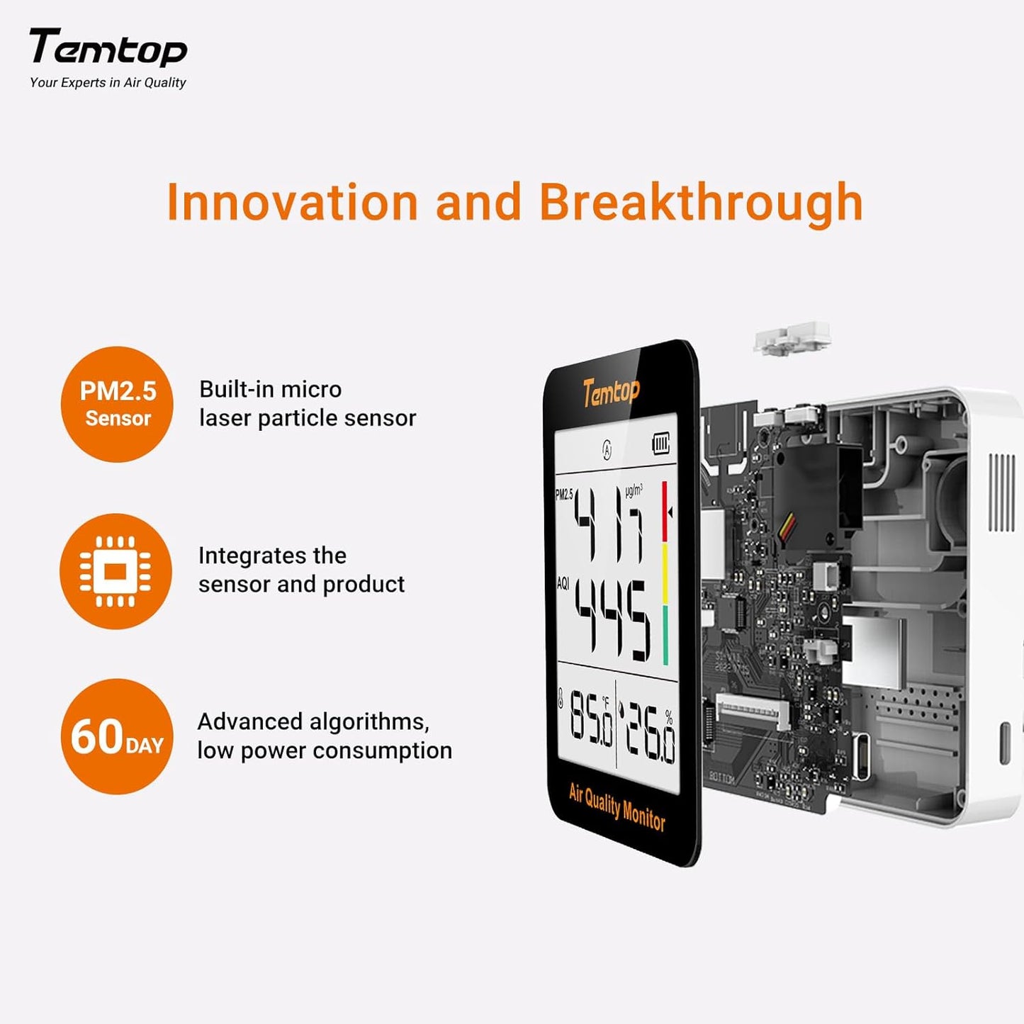 Temtop Air Quality Monitor Indoor Thermo-Hygrometer - PM2.5, AQI, Temperature, and Humidity Meter for Home, Office, or School, Air Quality Measurement, 60-Day Battery Life