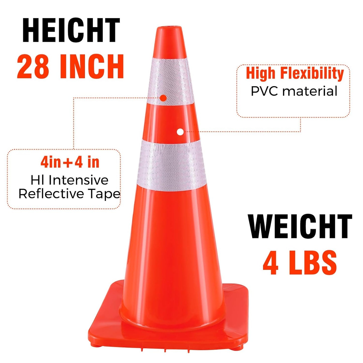 Traffic Safety Cones 28 Inch 6 Pack - Orange Road Parking Cones with Reflective Collars, Heavy Duty PVC Construction Cone Structurally Stable for Road Parking, Traffic Control, Driveway
