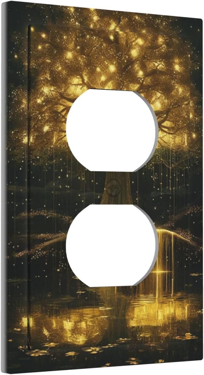 Decorative Outlet Covers Golden Shining Fantasy Kabbalah Tree of Life 1 Gang Duplex Light Switch Cover Plate Unique Wall Plate Electrical Switch Plate Covers for Bedroom Home Decor