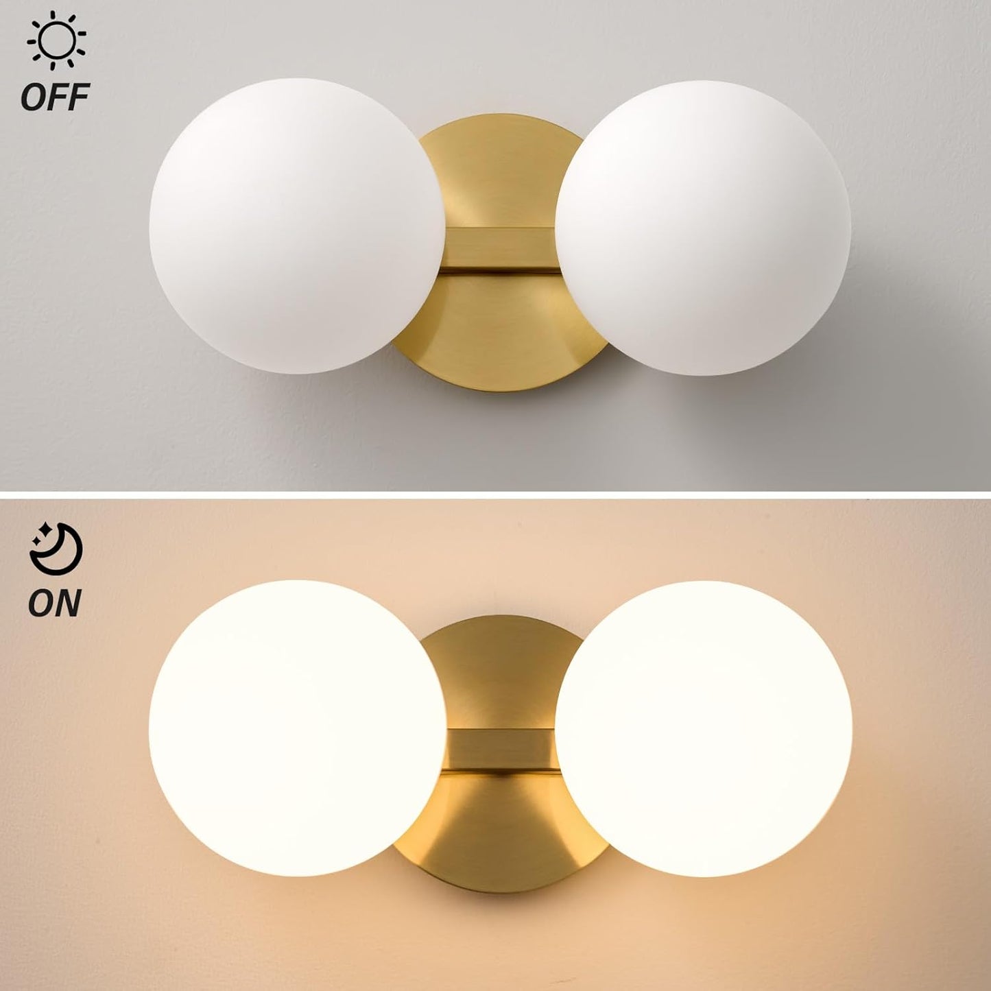 Gold Bathroom Vanity Light Fixtures: Modern Wall Scones With 2 Milk Glass Shades - Globe Makeup Lighting Fixture over Mirror - Brass Ball Powder Room Vanities Lights for Hallway Bedroom Bulbs Excluded