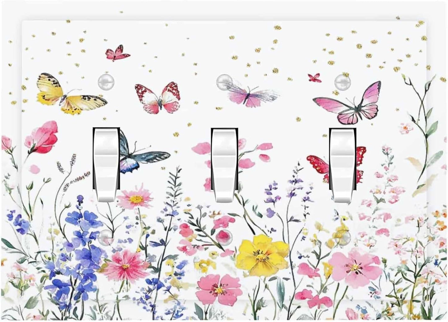 Decorative Switch Plates Watercolor Floral Butterfly Colorful Wildflower 3 Gang Wall Plate Triple Toggle Light Switch Cover Faceplate Electrical Wall Panels For Bed Room Living Room Decor