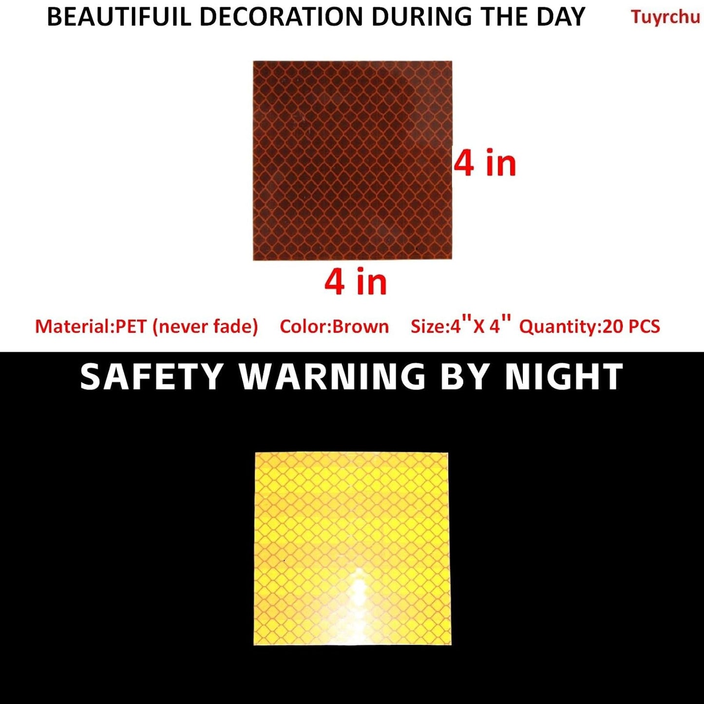 Non Fading Brown Reflective Stickers 4 inch X 4 inch, Outdoor Waterproof High Visibility Warning Safety Adhesive Reflector Tape (20 Pcs)