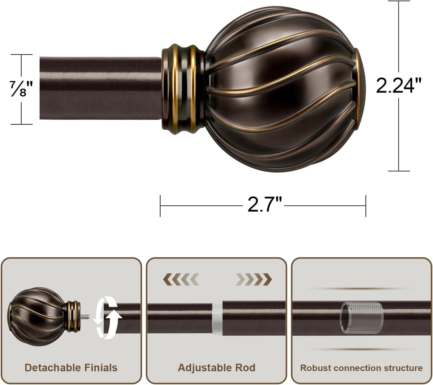 Brown Curtain Rods for Windows 72 to 144 Inch 7/8" Diamete Heavy Duty Adjustable Window Curtain Rod with Decorative Finials for Farmhouse Bedroom Living Room Kitchen Outdoor