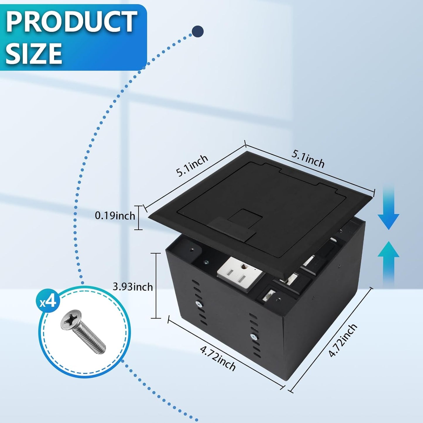 KYHSHJ Recessed Flat Hidden Socket Kit with 2 * 15A Receptacle，4.8A 1 USB-A Ports &1 USB-C Port+3-Port RJ45 Datacom Receptacle. Internal Height Adjustable，Corrosive Resistant Hardware,Black
