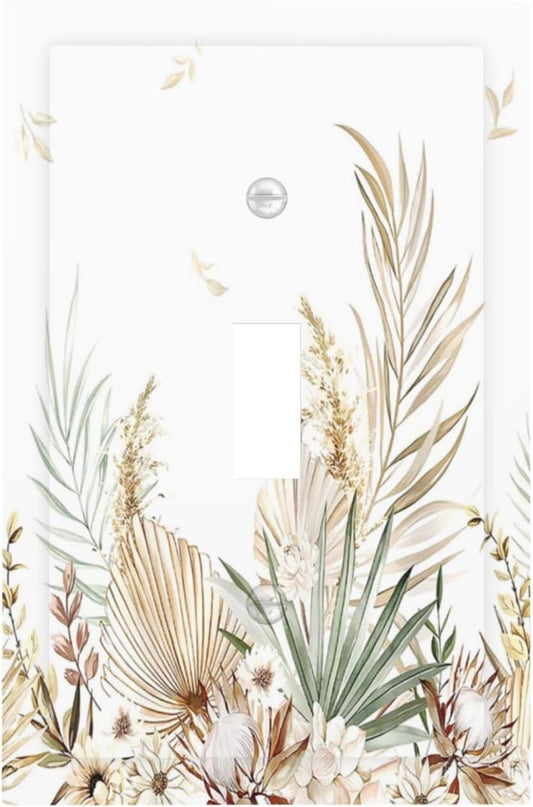 Decorative Light Switch Cover Boho Leaves Watercolor Tan Leaf Floral Plant 1 Gang Single Toggle Decorator Outlet Wall Plate Device Electrical Faceplate Switchplates for Bedroom Home Decor