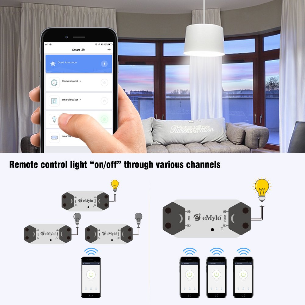 eMylo Smart WiFi Light Switch Wireless Relay Switch Module Remote Control Home Automation Timers Compatible with Alexa Echo Google Home iPhone Android App (6 Pack)
