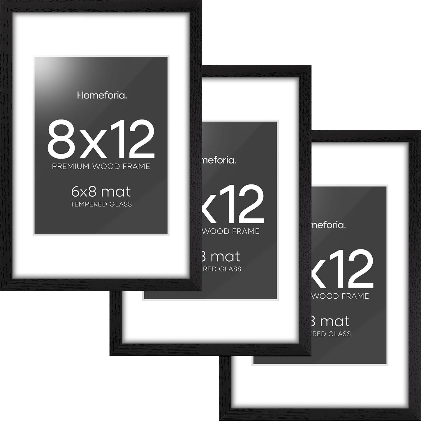 Homeforia 8x12 Black Picture Frame, High End Oak 8 x 12 Wood Frames with Mat 6 by 8 Print, 8by12 Wooden Frame Matted to 6x8 inch Photo, 12x8 Wall or Tabletop Frames, Tempered Glass, Wall Kit, Set of 3