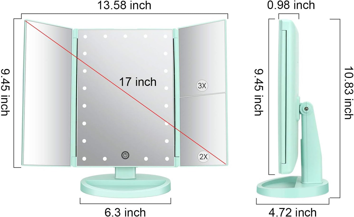 deweisn Tri-Fold Lighted Vanity Tabletop Mount Mirror with 21 LED Lights, Touch Screen and 3X/2X/1X Magnification, Two Power Supply Mode Make up Mirror,Travel Mirror