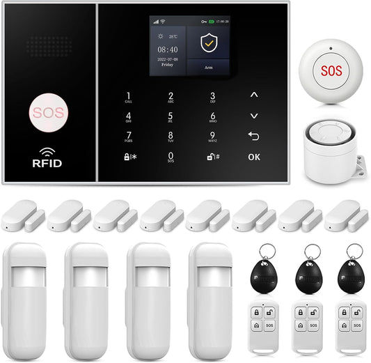 4G Smart Home Security Alarm Kit, Wireless WiFi Home Alarm System with Siren, PIR Motion Sensor, Remote Controls, Window/Door Sensor