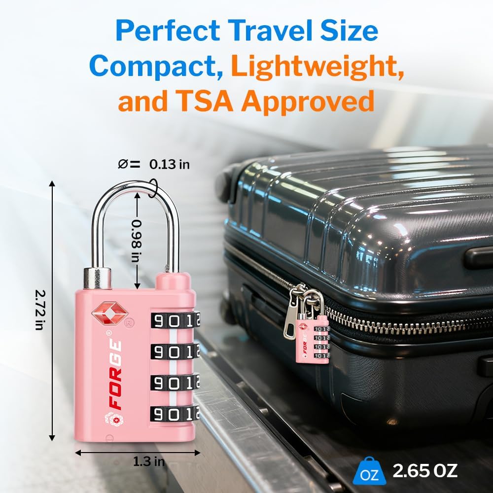 Forge Dual-Opening: Key or Combination Lock, TSA Approved Lock for Luggage, Pelican case, Travel, Gym, School, Luggage Combination Lock, Travel Bag Lock (Pink 2 Pk)