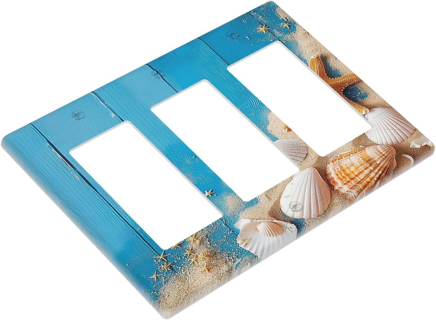 Light Switch Covers Blue Wood Grain Beach Shell Starfish 3 Gang Rocker Electrical GFCI Decorative Triple Outlet Wall Plate Cover Switchplate for Bathroom Farmhouse Decor