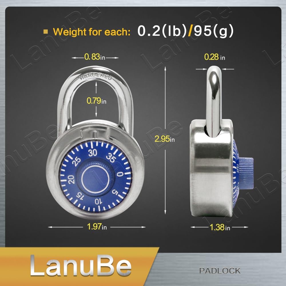LanuBe Standard Dial Combination Lock, 2 inches. Wide, with Different Combinations, Blue Turnplate, Pack of 12; Lock for School, Employee, Gym Sports Locker, Case, Toolbox