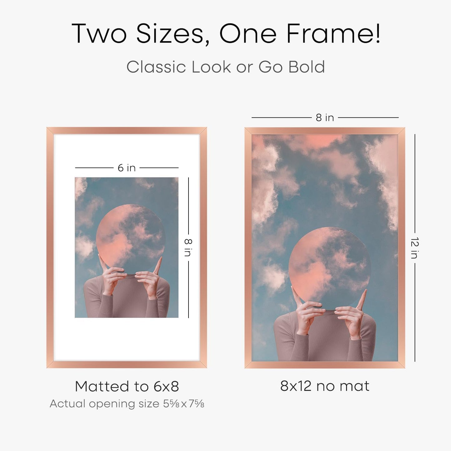 Homeforia 8x12 Picture Frame Rose Gold, High End Metal 8 x 12 Poster Frames with Mat 6 by 8 Photo, 12x8 Frame Matted to 6x8 inch Print, 8by12 Wall or Tabletop Frame, Tempered Glass, Wall Kit, Set of 2