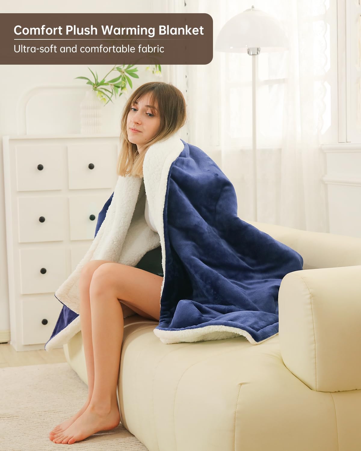 Electric Heated Blanket Throw Size, Washable Blanket Warmer for Home for Adults, Fast Heating Super Cozy Soft Flannel 50" x 60", 9 Heat Levels, 1-9H Auto-Off, ETL Certified, Navy Blue