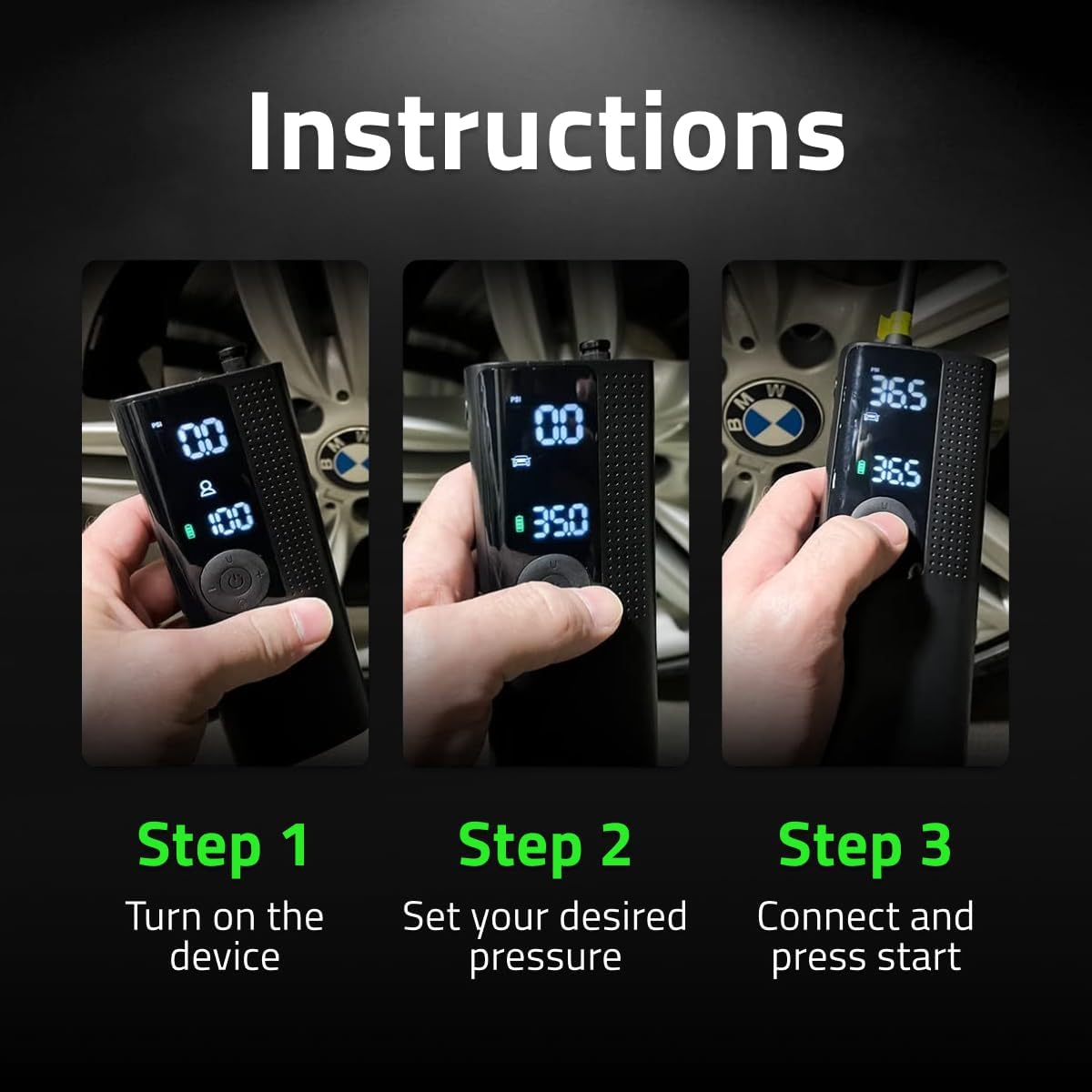 Airmoto Tire Inflator Portable Air Compressor - Air Pump For Car Tires with Digital Pressure Gauge, LED Light and Auto Shut-Off Function - Cordless Pump for Car, Motorcycle, Bicycle, Ball