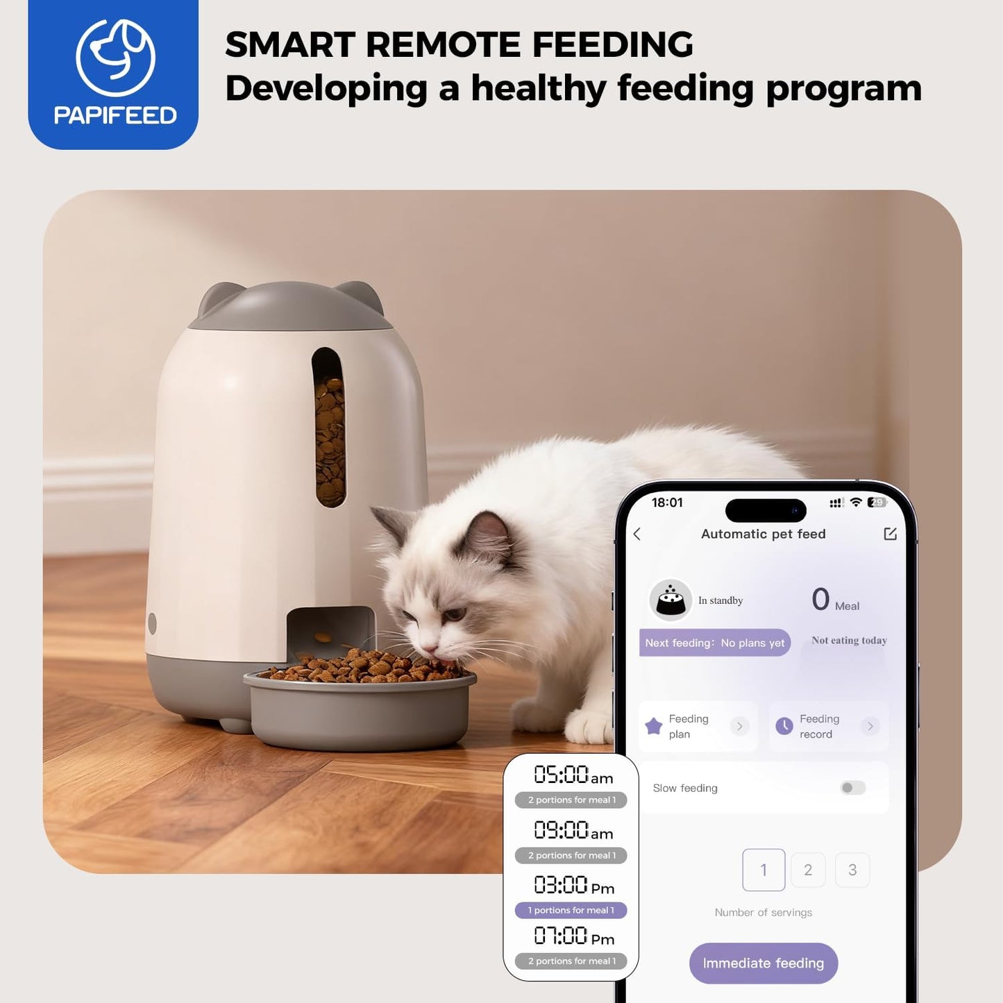 PAPIFEED Automatic Cat Feeder, 2.4G WiFi Auto Cat Food Dispenser with App Control, 3L Auto Pet Feeder with Dual Power Supply, Detachable for Easy Clean for Cats and Small Dogs, Grey