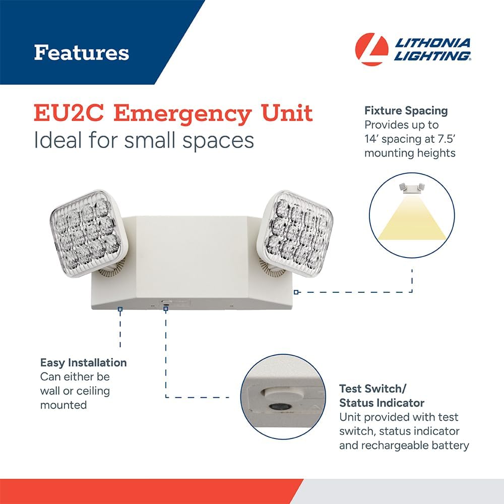 Lithonia Lighting Basics LED Emergency Light, Emergency Lighting with Dual Adjustable LED Lamp Heads, Wall Mount, Damp Location Rated, 90-Minute Backup, 120/277V, White, 2-Pack (EU2C CP2)