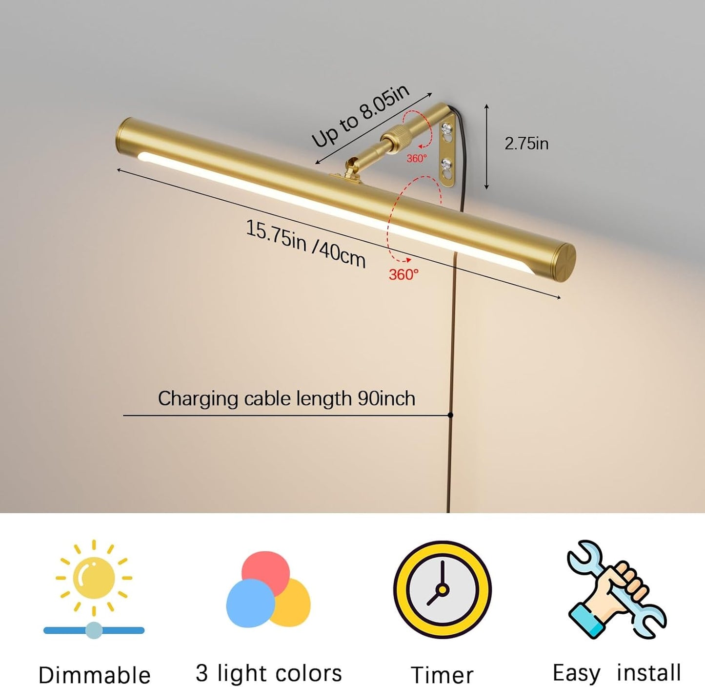 Picture Lights for Paintings Plug in, 16" Adjustable LED Gold Picture Light Art Light, Remote Control Gallery Painting Wall Light for Picture Display Dartboard Art Work (Gold)
