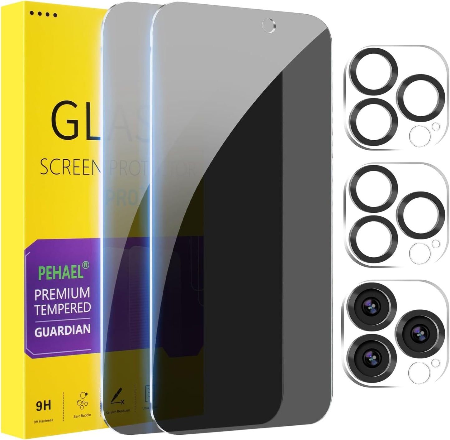 PEHAEL 2+2Pack for iPhone 15 Pro Privacy Screen Protector with Camera Lens Protector Full Coverage Anti-Spy Tempered Glass Film 9H Hardness Easy Installation Bubble Free [6.1 inch]