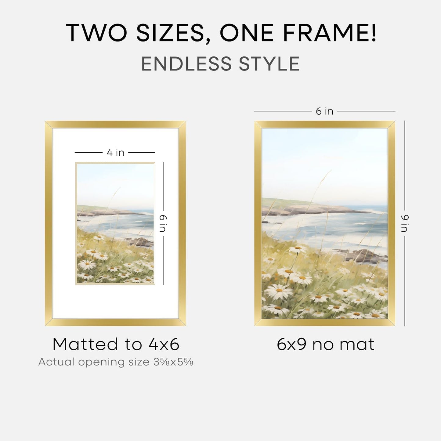 Homeforia 6x9 Picture Frame Gold, High End Metal 6 x 9 Frames with Mat 4 by 6 for Print, Photo Frame 6x9 Gold Matted to 4x6 inches Art, 6by9 Wall or Tabletop Frames, Tempered Glass, Wall Kit, Set of 1