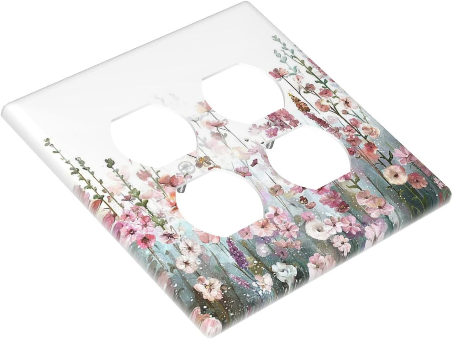 Colorful Flowers Pink Floral Watercolor Plant Outlet Covers 2 Gang Double Duplex Decorative Light Switch Covers Electrical Wallplates Socket Faceplate for Bed Room Living Room Decor