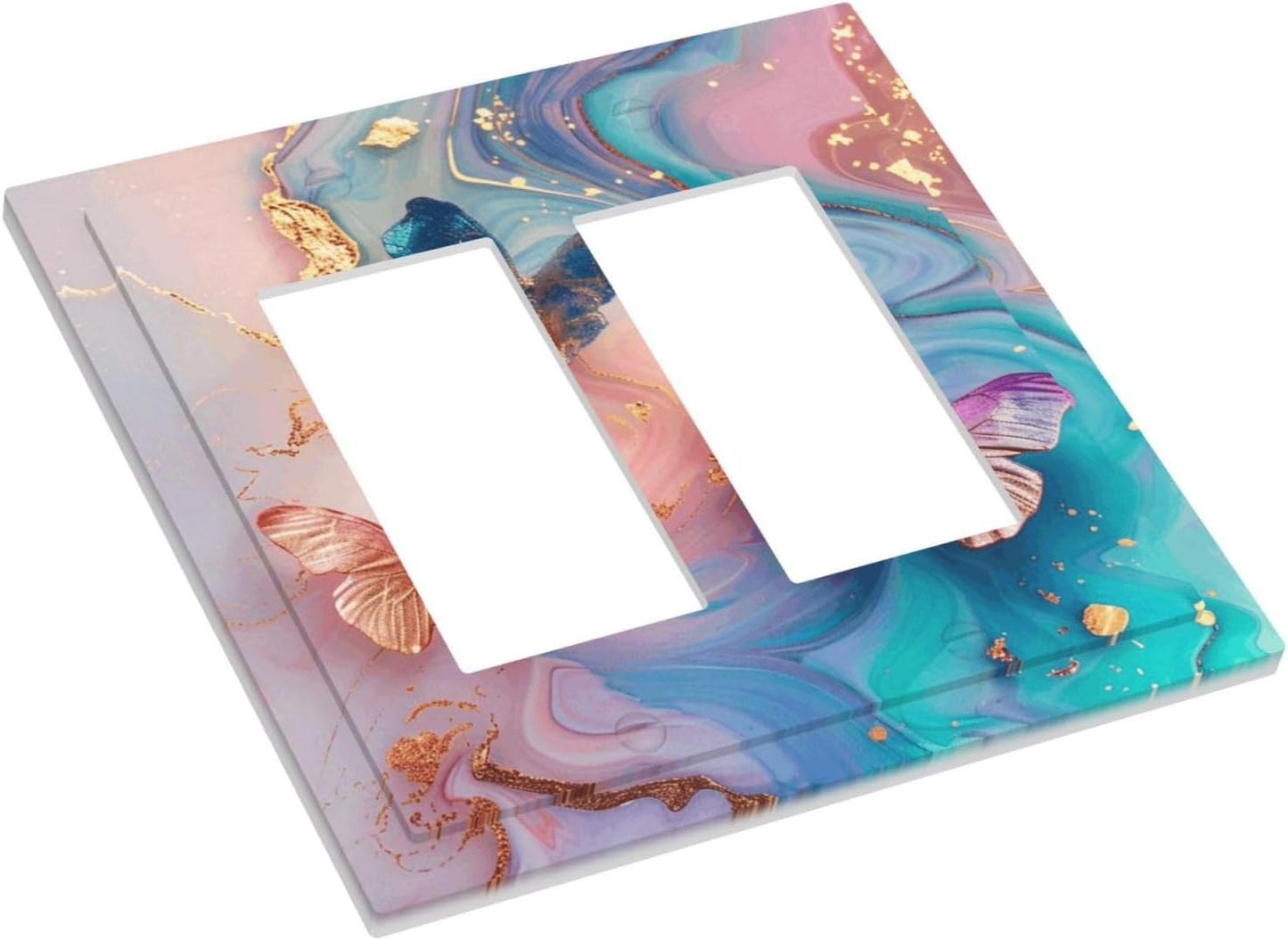 Colorful Marble Butterfly Gold Glitter Abstract Print Decorative Outlet Covers 2 Gang Double GFCI Rocker Electrical Wall Panels Light Switch Cover Plate for Bed Room Living Room Decor