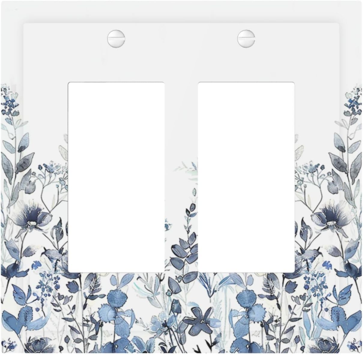 Decorative Outlet Covers Light Blue Watercolor Leaves Plant With Floral 2 Gang Double GFCI Rocker Electrical Wall Panels Light Switch Cover Plate for Bedroom Bathroom Decor