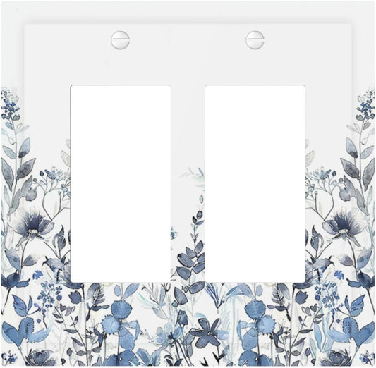 Decorative Outlet Covers Light Blue Watercolor Leaves Plant With Floral 2 Gang Double GFCI Rocker Electrical Wall Panels Light Switch Cover Plate for Bedroom Bathroom Decor