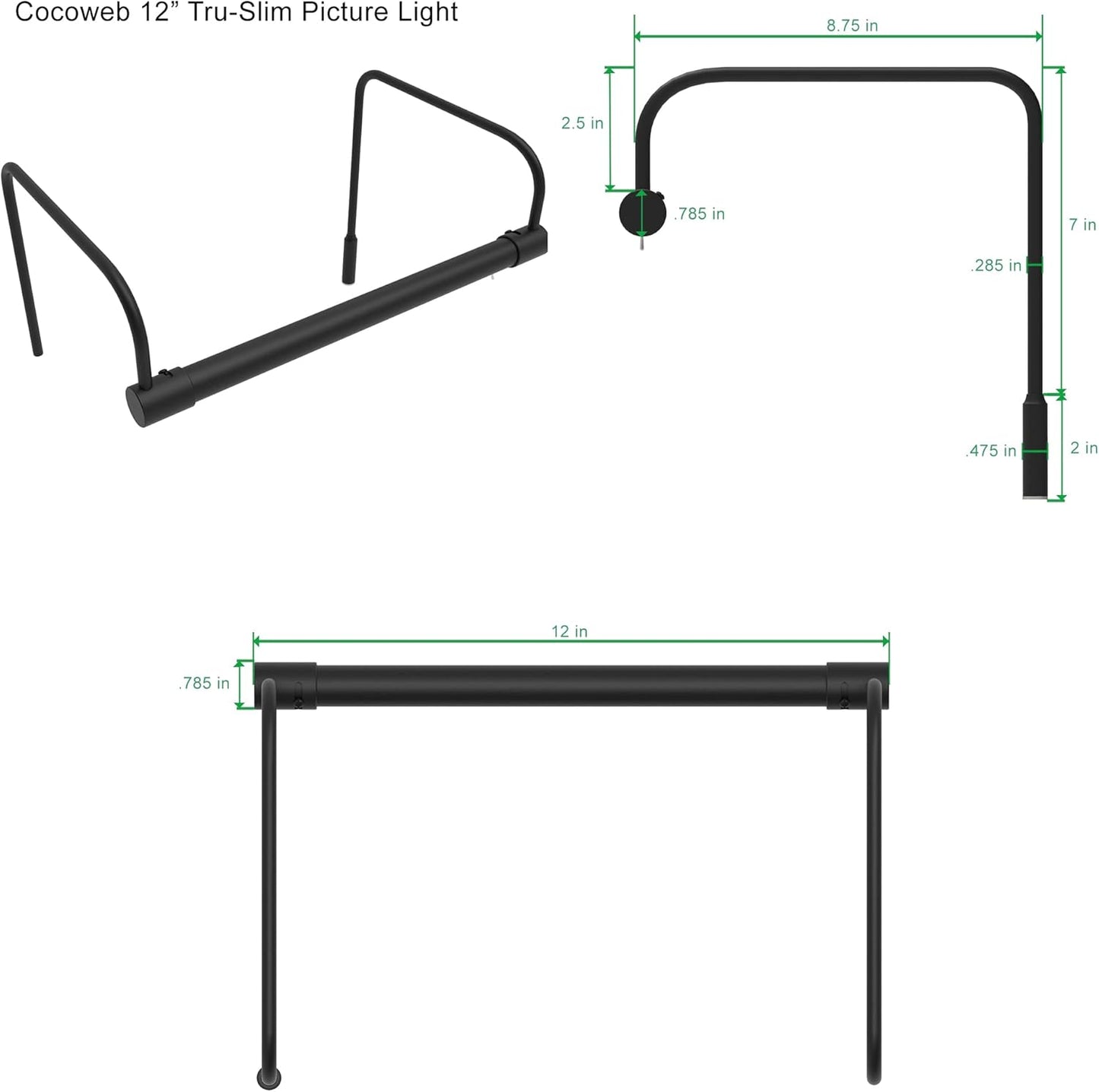 Cocoweb 12 Inch Tru-Slim Black Picture Light - LED, 2700K, Adjustable Arm, Plug-in, Toggle Switch, Sleek and Compact Design