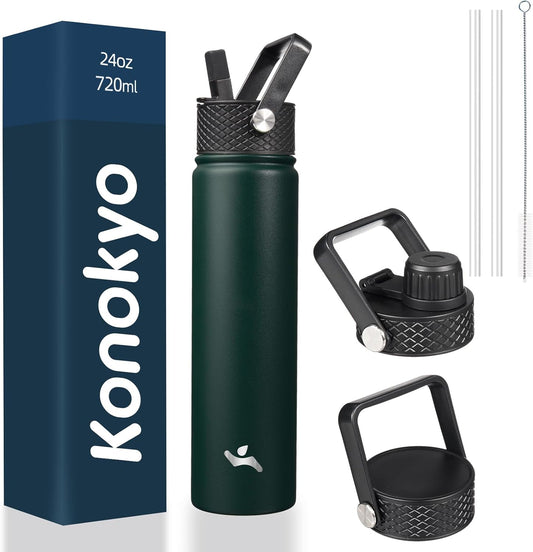 Insulated Water Bottle 24oz Stainless Steel Sport Bottles with 3 Lids,Army Green