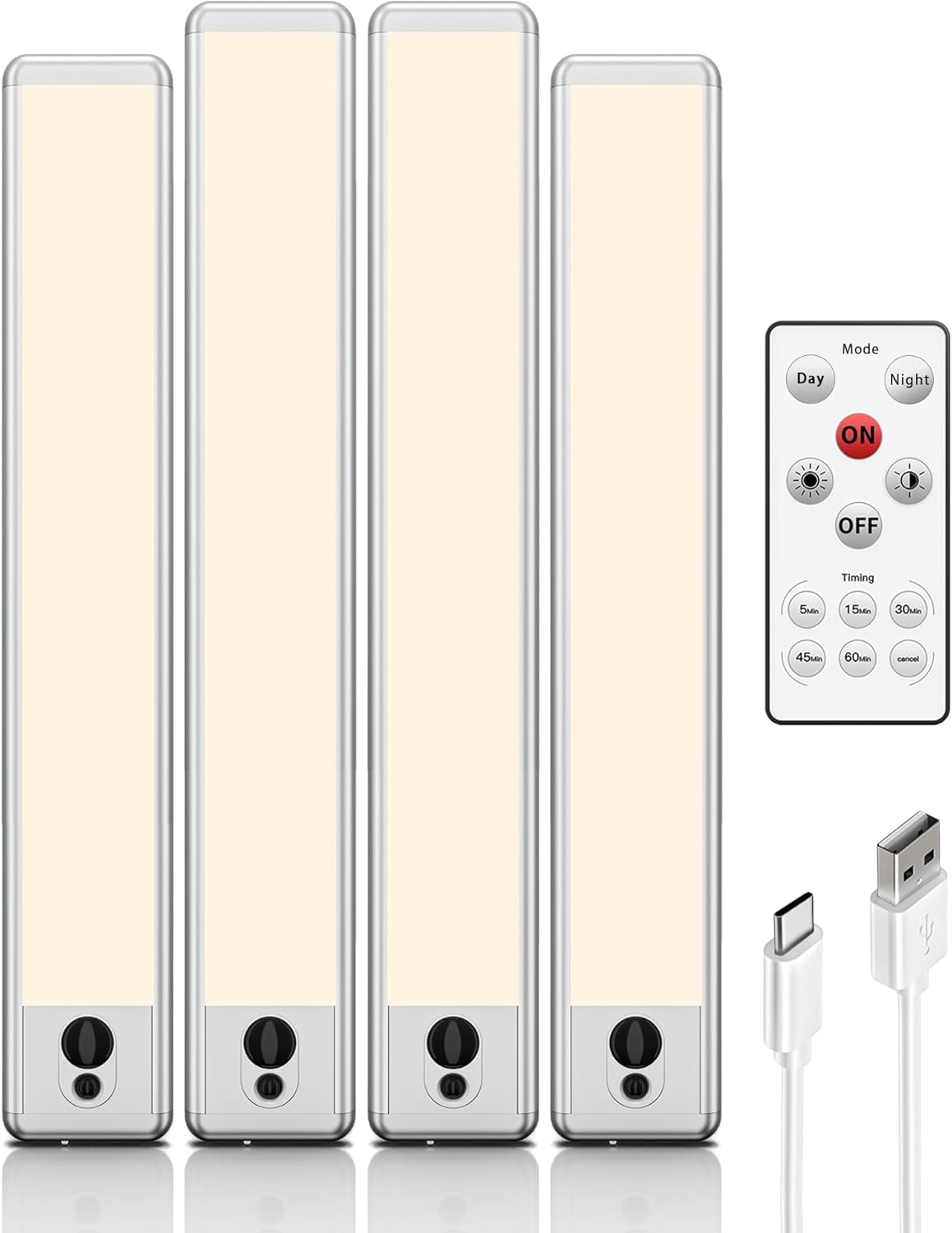 EZVALO Under Cabinet Lights, 14.5i'' Motion Sensor Light Indoor Dimmable, 4000mAh Rechargeable Closet Lights 3700K with Remote Control, Wireless Under Counter Light for Kitchen,Cabinet,Bedroom(4Pcs)