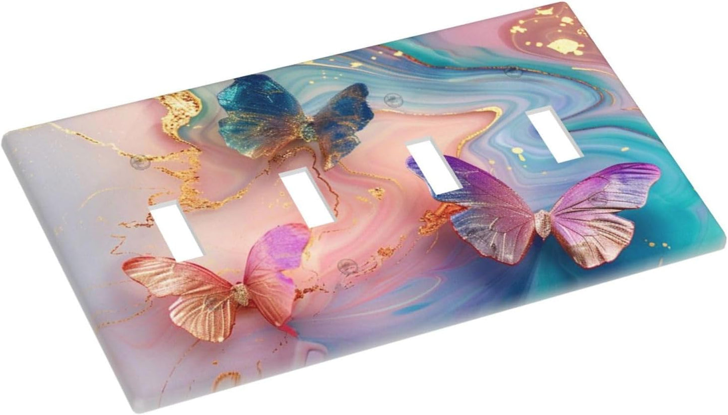 Colorful Marble Butterfly Gold Glitter Abstract Print Light Switch Covers Quad Toggle Electrical Faceplate 4 Gang Wall Plate Decorative Switch Plates for Bed Room Living Room Decor