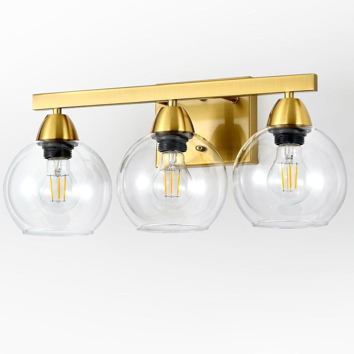 Bathroom Light Fixtures, 3-Light Brushed Gold Vanity Light with Hand-Blown Thick Glass Shades, High-End Clarity & Durability, Wall Sconce for Mirror, Bedroom, Hallway