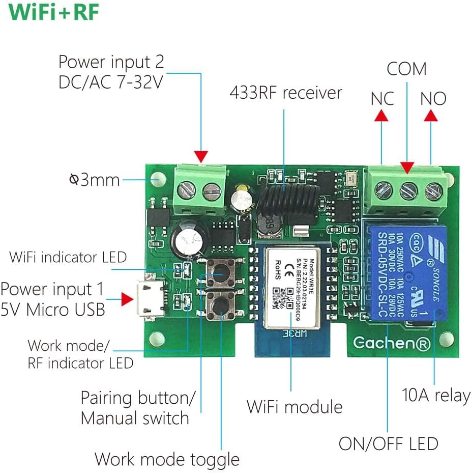 WiFi Inching/Selflocking Relay Modules WiFi Momentary Switch with 433 MHz RF Remote Control(Tuya SmartLife APP)