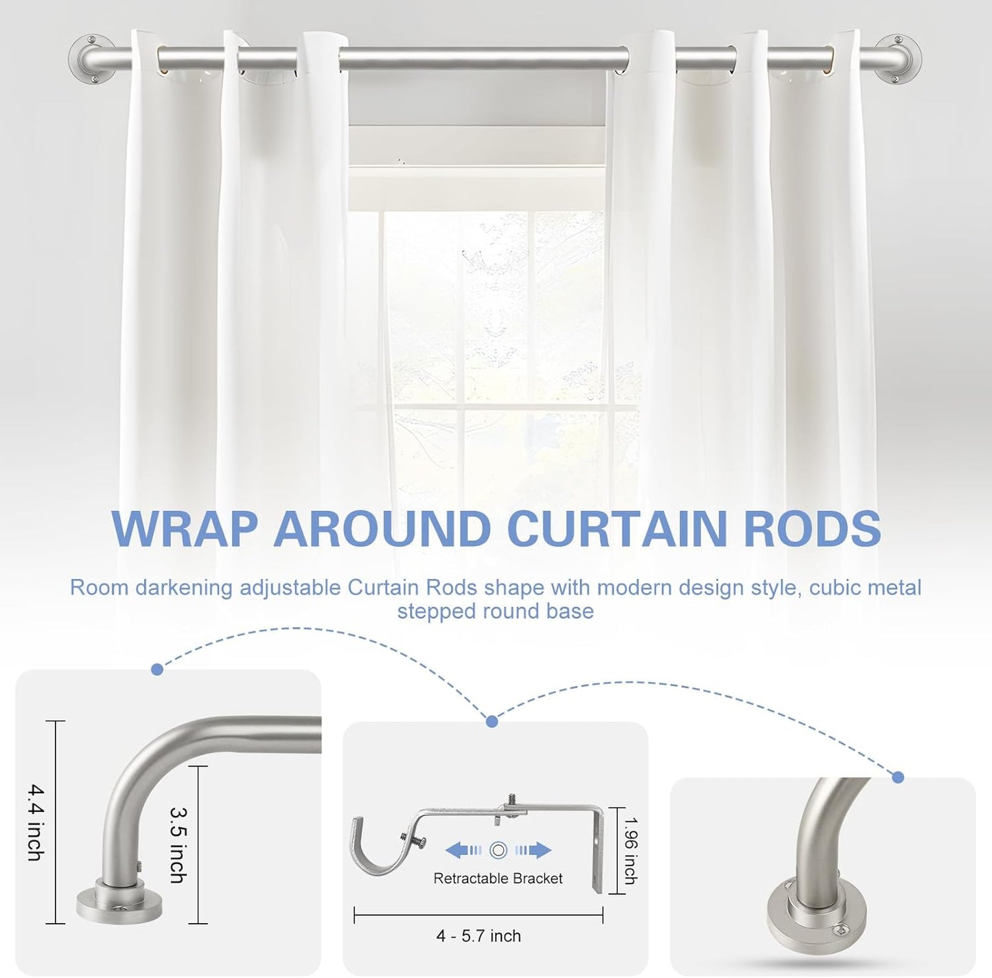 Nickel Wrap Around Curtain Rods 36 to 72 In:Blackout Heavy duty Adjustable Window Curtain Rod for Bedroom,Industrial Darkening Curved French Metal Single Drapery Rods Easy Install,Satin Nickel