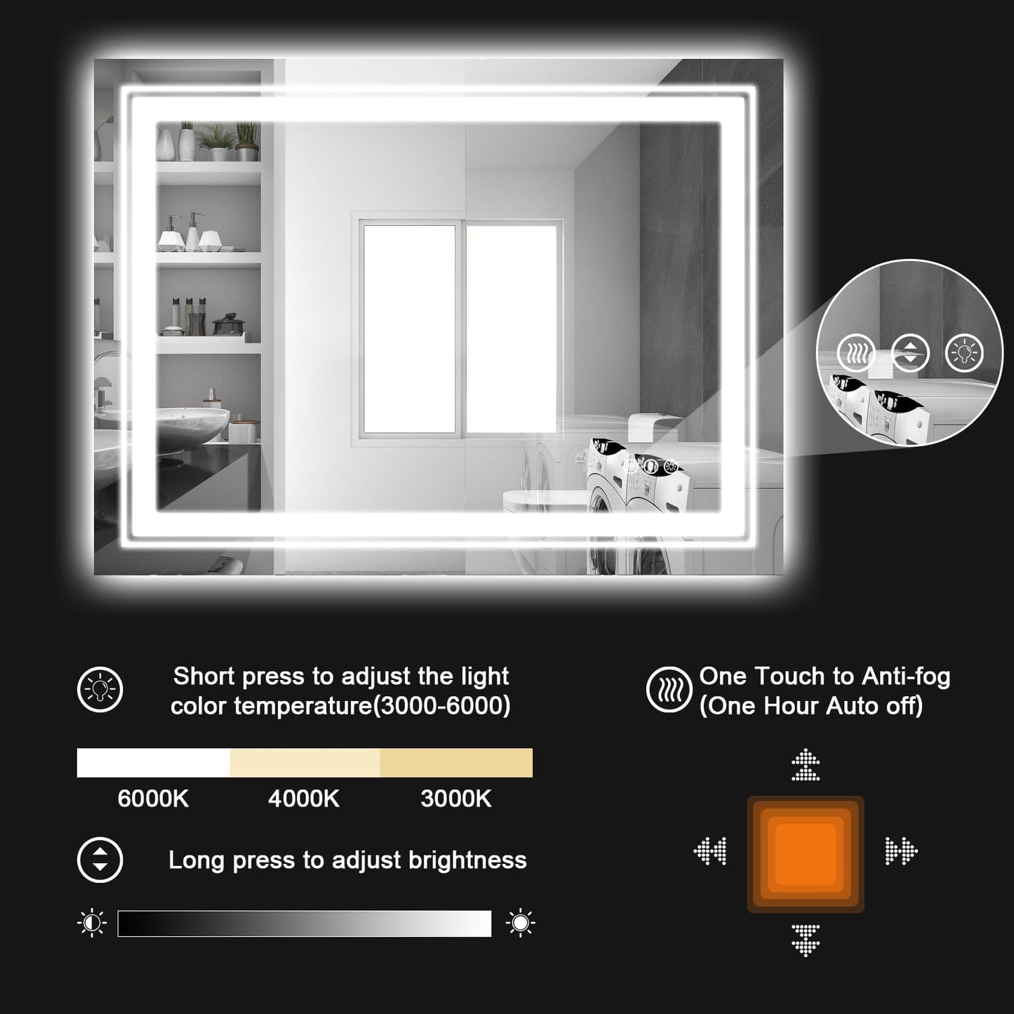 LED Bathroom Mirror, 48"X40" with Front and Backlit, Anti-Fog, Large Bathroom Vanity Mirror for Wall, Memory Function, Stepless Dimmable, Tempered Glass (Horizontal/Vertical)