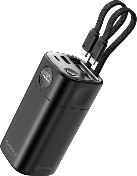 Portable Power Bank 20,000mAh, PD 35W Portable Charger Super Fast Charging with 2 Built-in Cables, USB-C Digital Display Battery Pack for iPhone Air 17/16/15/14/13, Portable Travel Charger