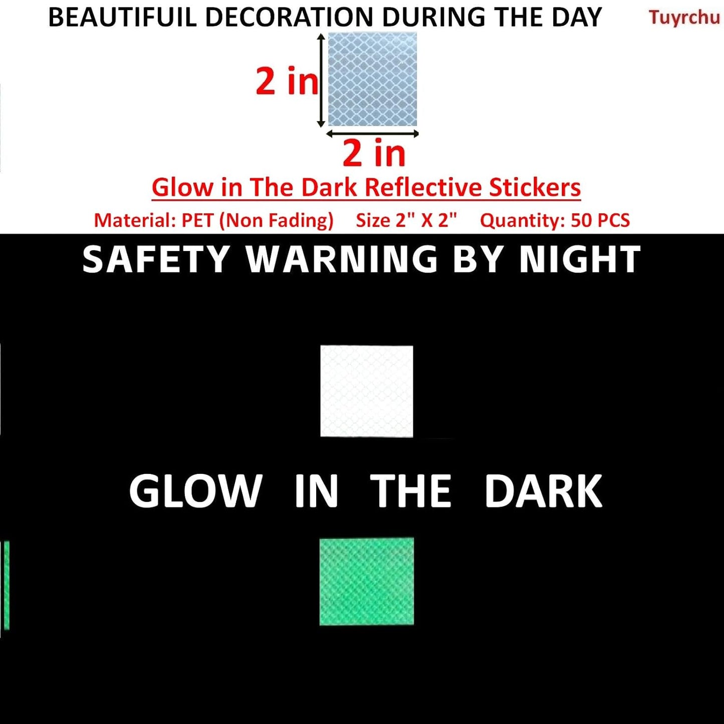 Glow in The Dark Reflective Stickers 2 inch X 2 inch for Truckskes, Warning Strong Safety Adhesive Reflective Strips (50 Pcs)