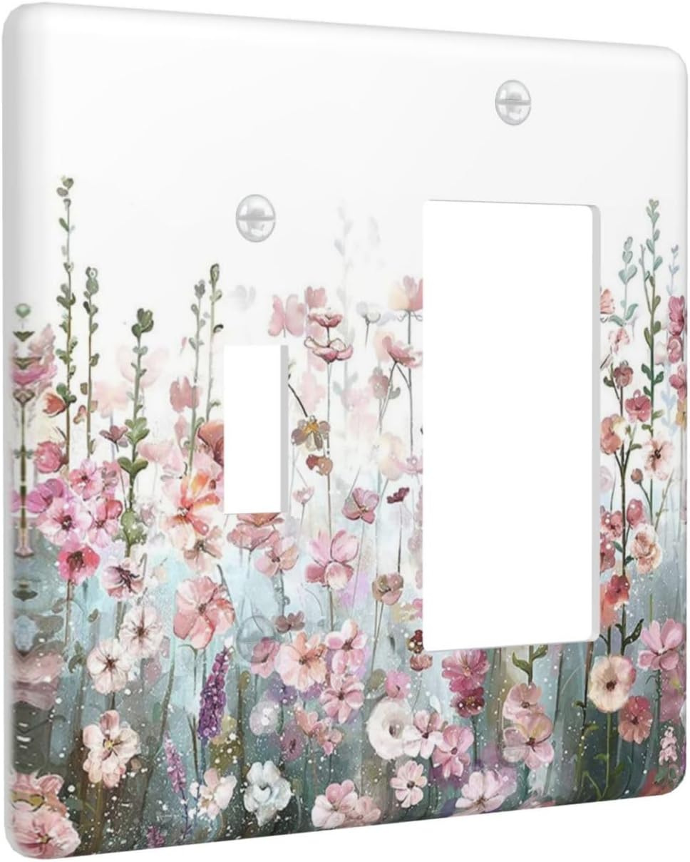 Colorful Flowers Pink Floral Watercolor Plant Outlet Covers 1 Toggle 1 Rocker Combination Decorative Wall Plate Electrical Switch Plates Light Switch Cover Plate for Bed Room Living Room Decor