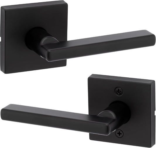 Kwikset Halifax Interior Passage Door Handle, Lever For Closet and Hallway Doors, Reversible Non-Locking Handle Lever, Matte Black, with Microban Protection, Square Rose