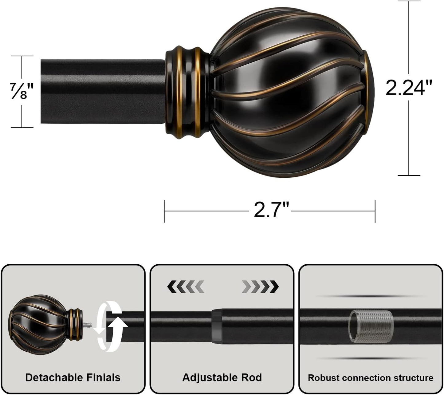 Black Curtain Rods for Windows 72 to 144 Inch 7/8" Diamete Heavy Duty Adjustable Window Curtain Rod with Decorative Finials for Farmhouse Bedroom Living Room Kitchen Outdoor