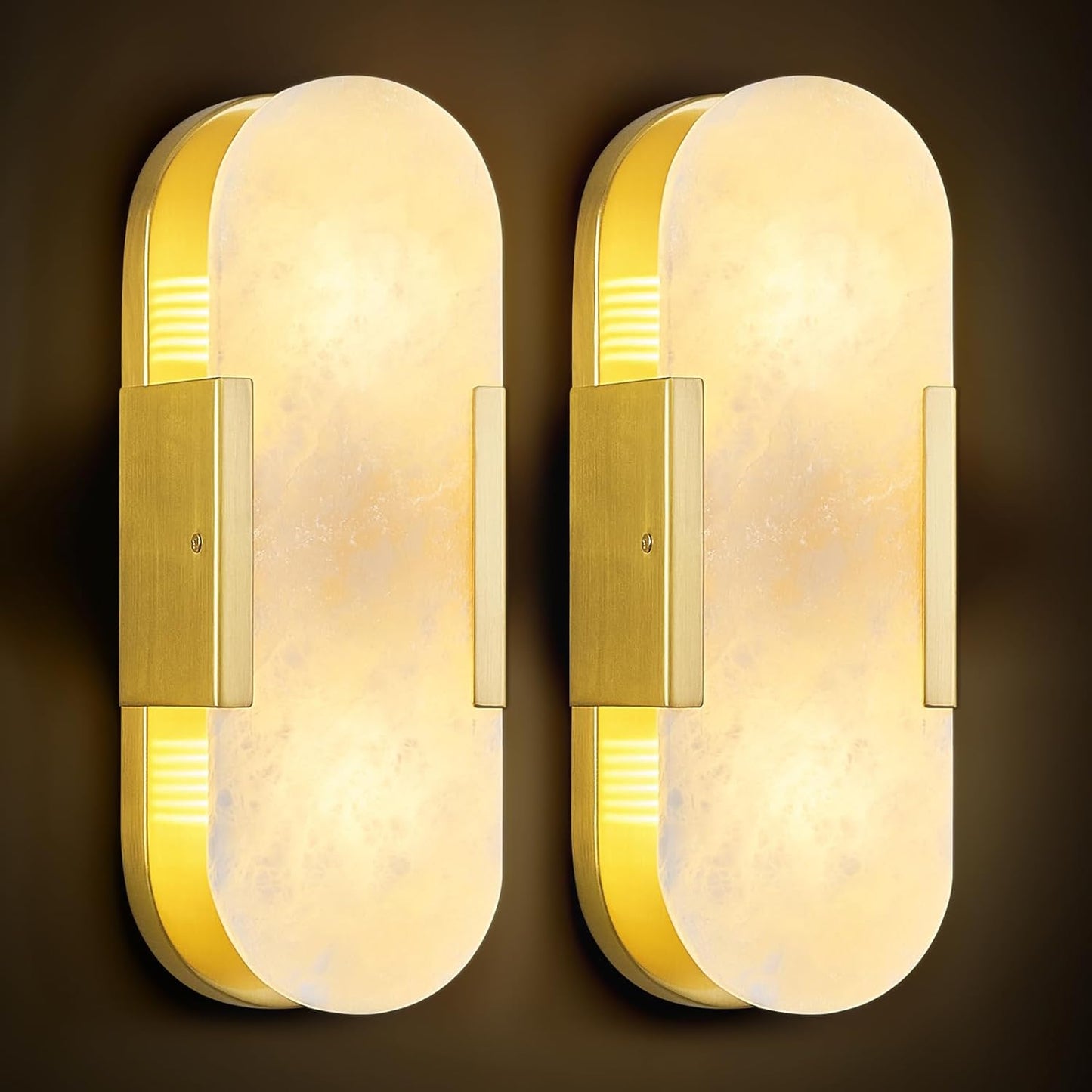 Brass Alabaster Wall Sconces Set of Two, Modern Natural Marble Wall Sconces for Indoor Lighting, 13.8 in Gold Wall Lights for Bathroom Dining Room Stairs Bedroom